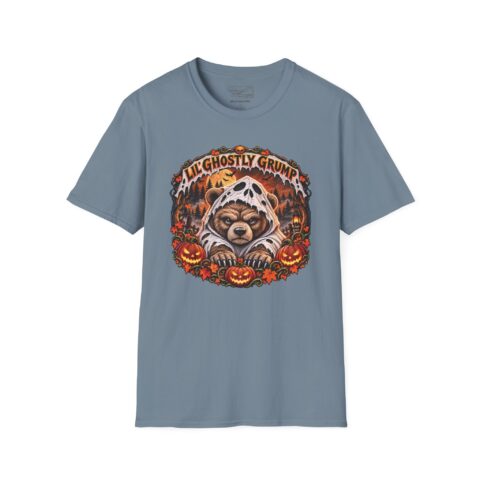 Lil’ Ghostly Grump Tee in Stone Blue, laid flat