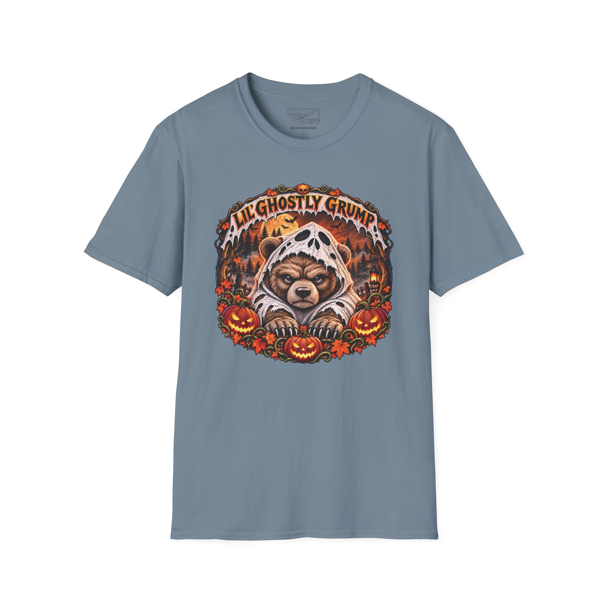 Lil’ Ghostly Grump Tee in Stone Blue, laid flat