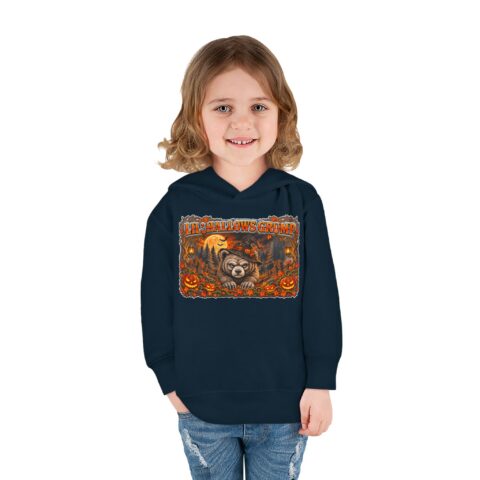 Lil’ Hallows Grump Hoodie in Navy, worn, front view