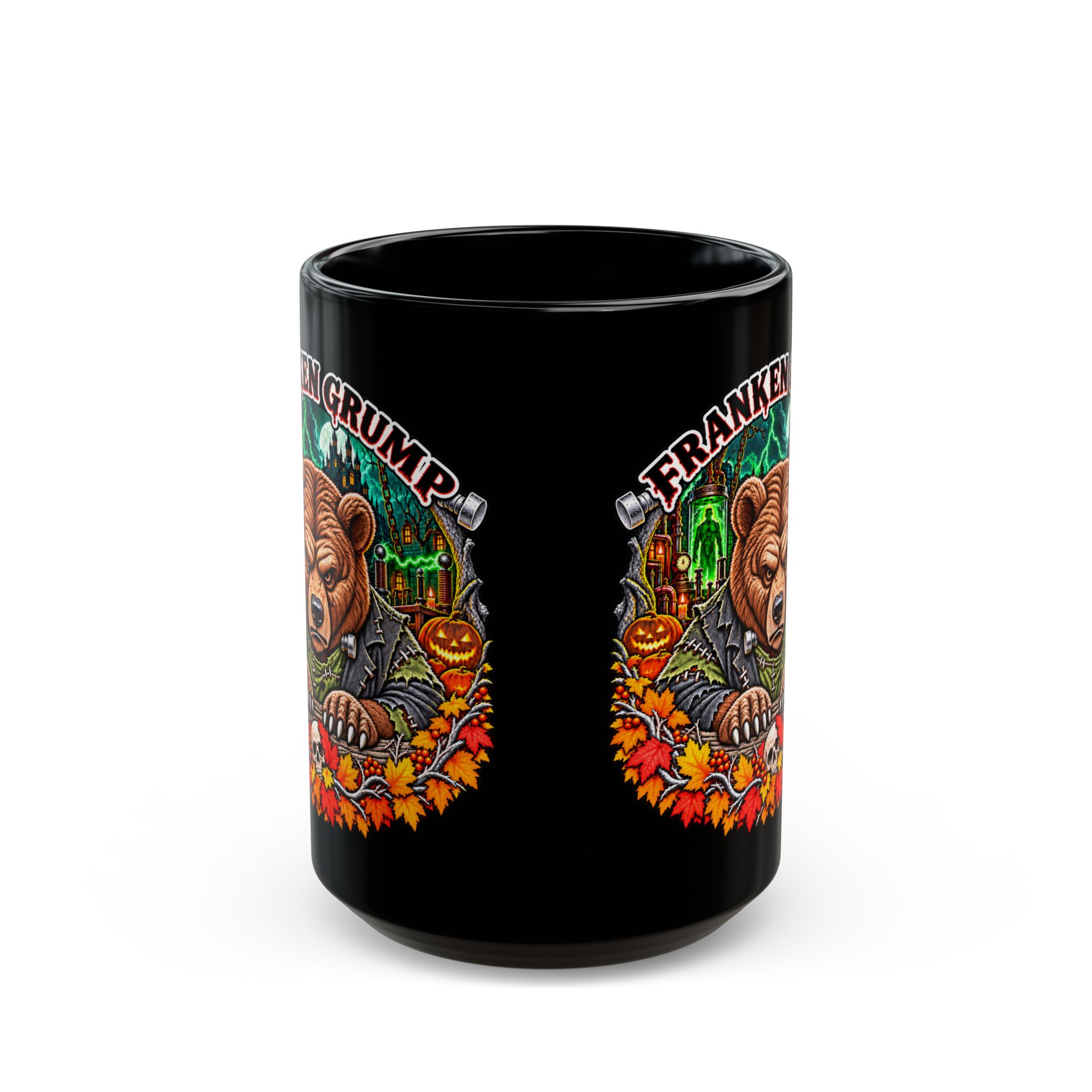 Franken Grump Mug in black, handle at the back, design printed on both sides