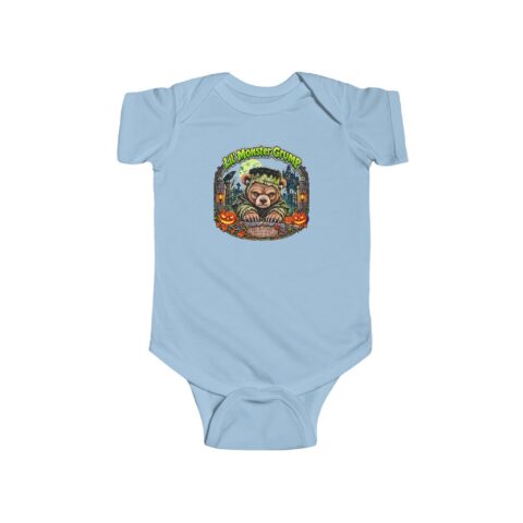Lil' Monster Grump Bodysuit in Light Blue, laid flat