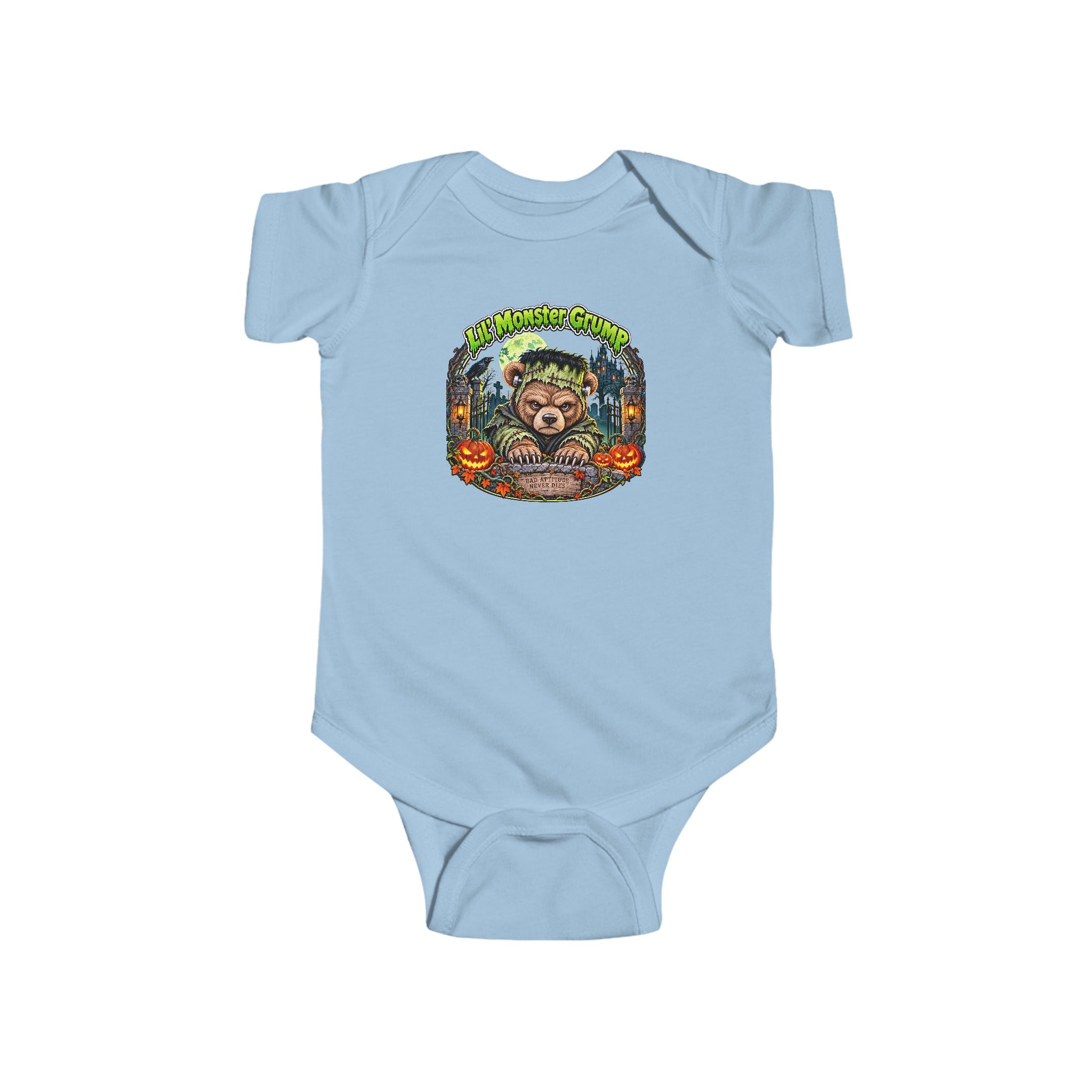 Lil' Monster Grump Bodysuit in Light Blue, laid flat