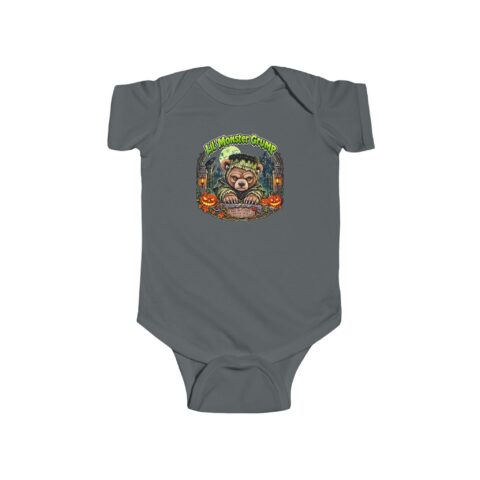 Lil' Monster Grump Bodysuit in Charcoal, laid flat