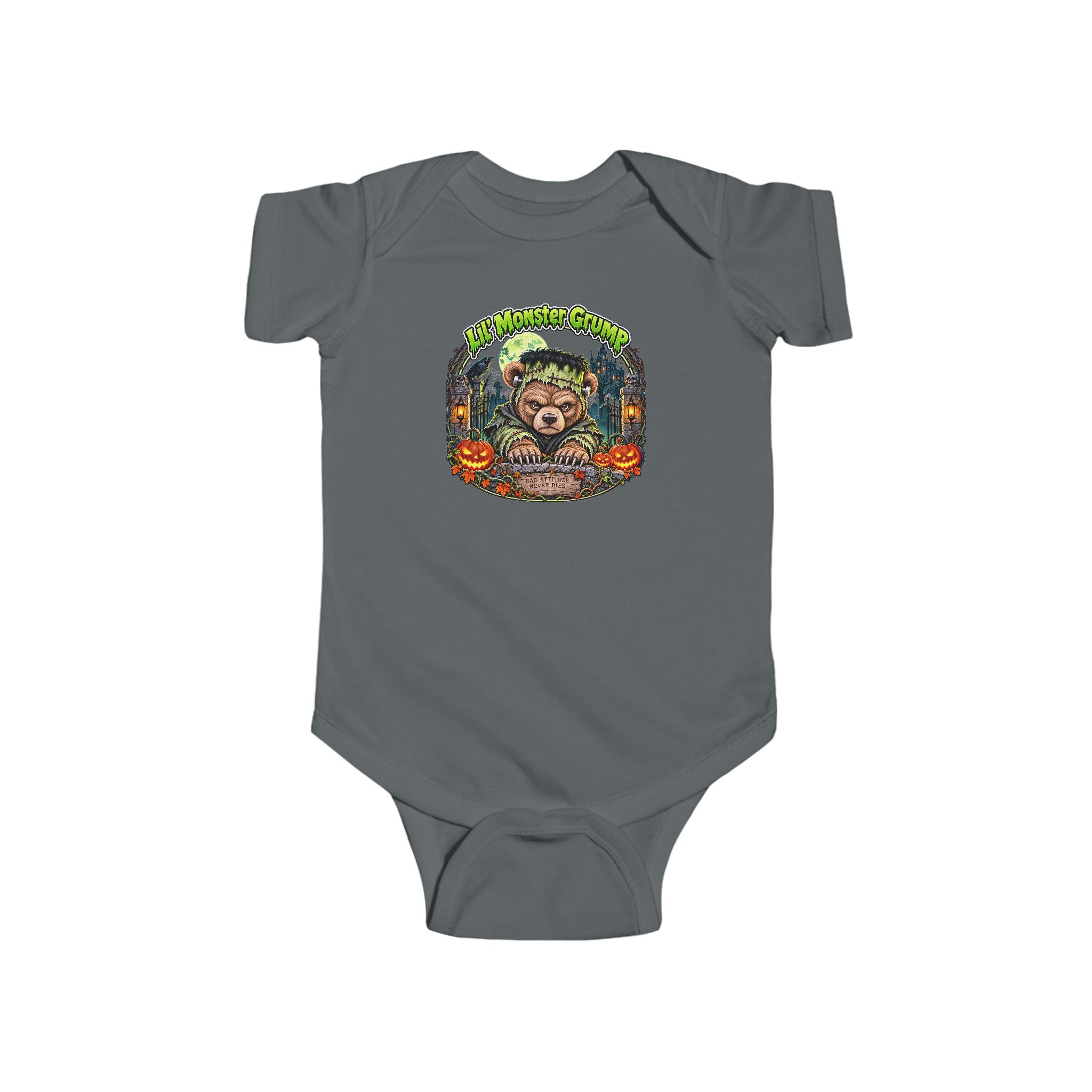 Lil' Monster Grump Bodysuit in Charcoal, laid flat