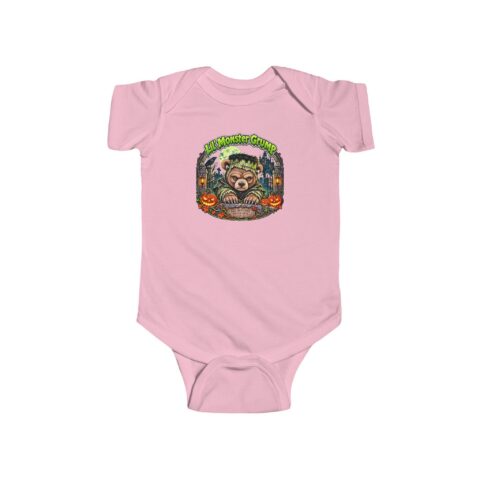 Lil' Monster Grump Bodysuit in Pink, laid flat