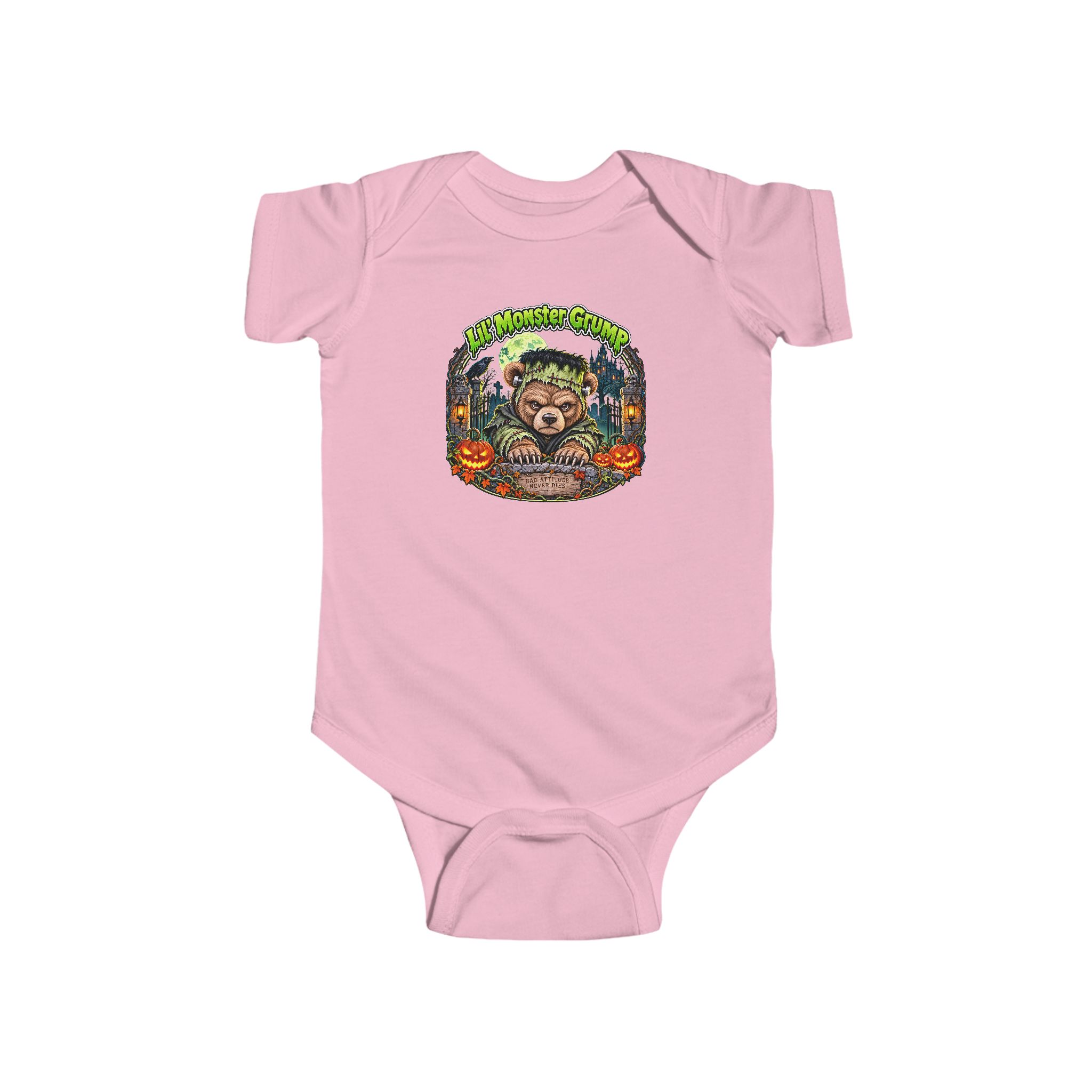 Lil' Monster Grump Bodysuit in Pink, laid flat