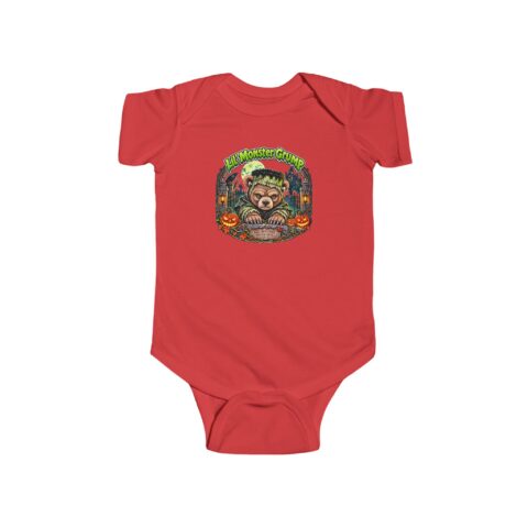 Lil' Monster Grump Bodysuit in Red, laid flat