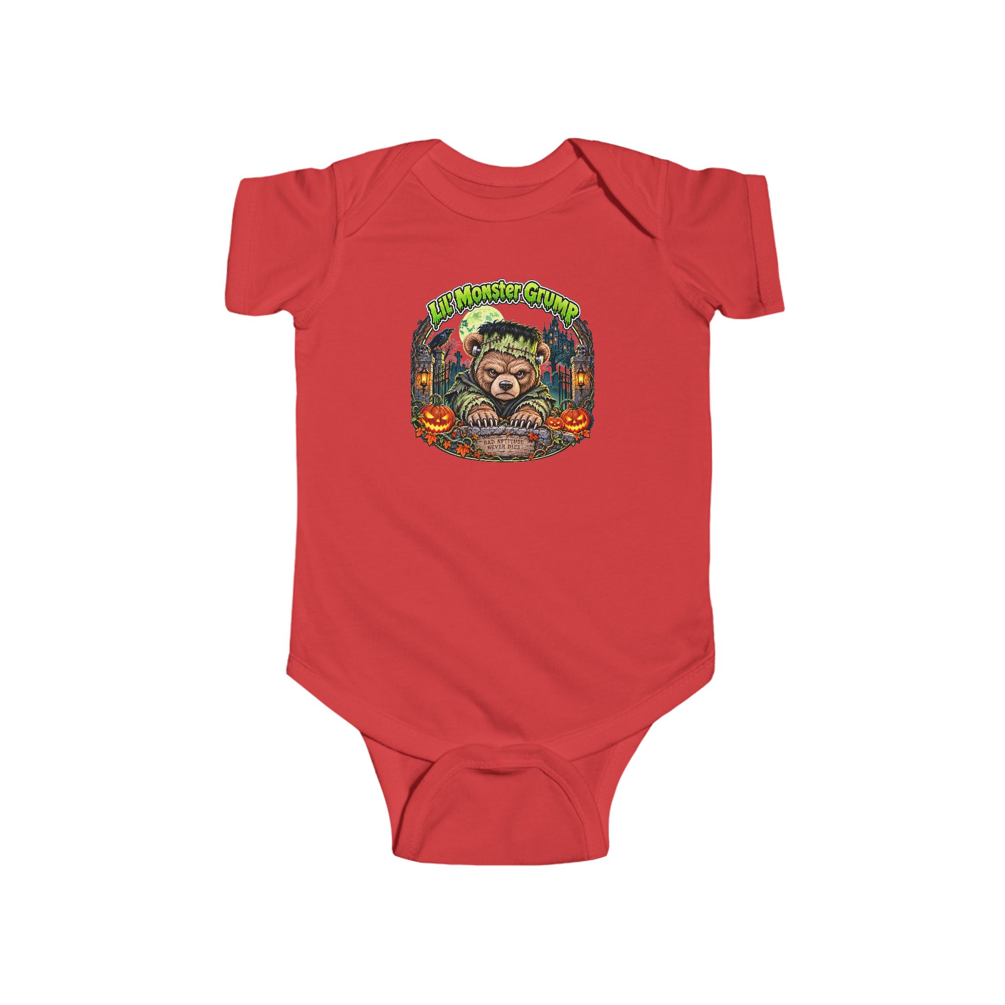 Lil' Monster Grump Bodysuit in Red, laid flat