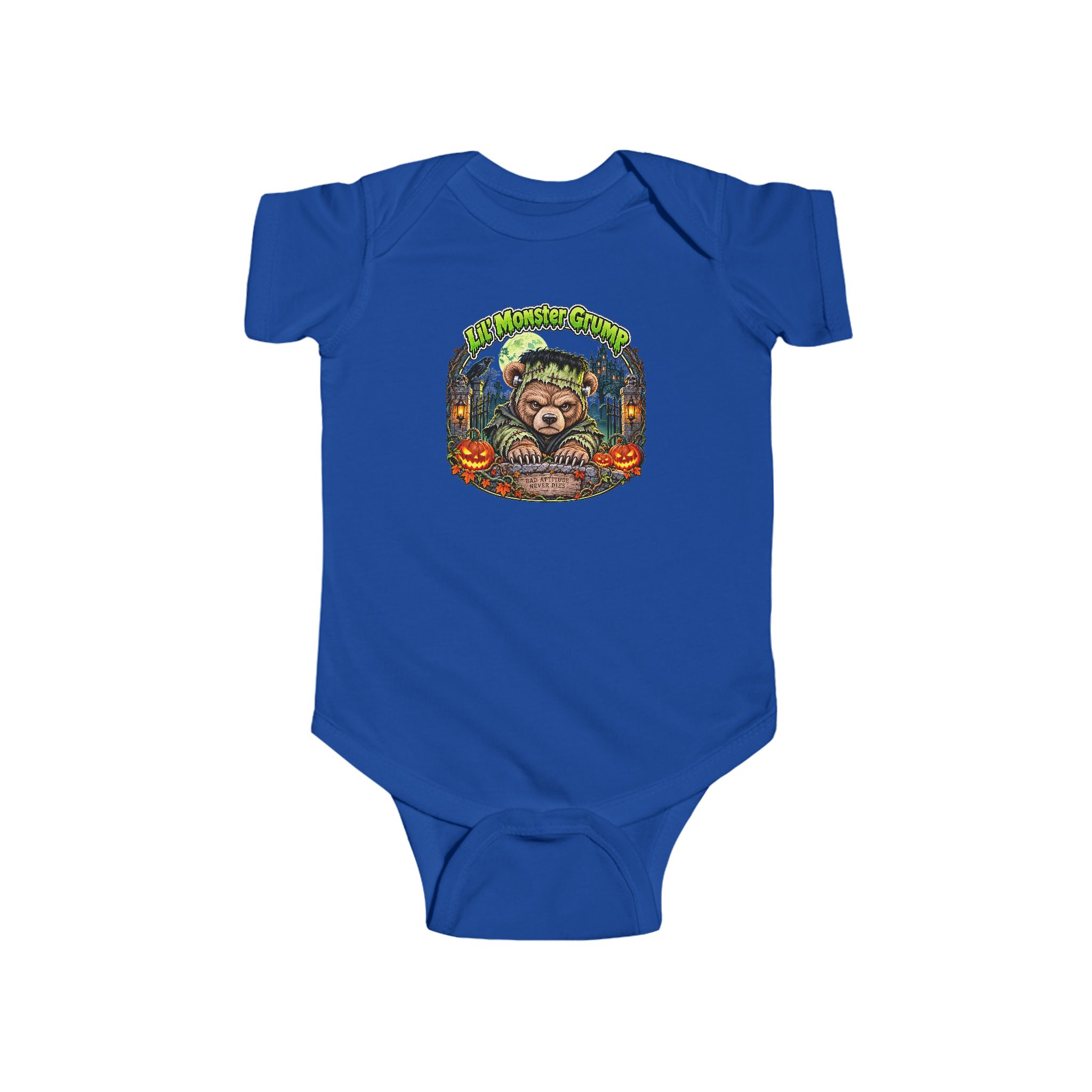 Lil' Monster Grump Bodysuit in Royal, laid flat