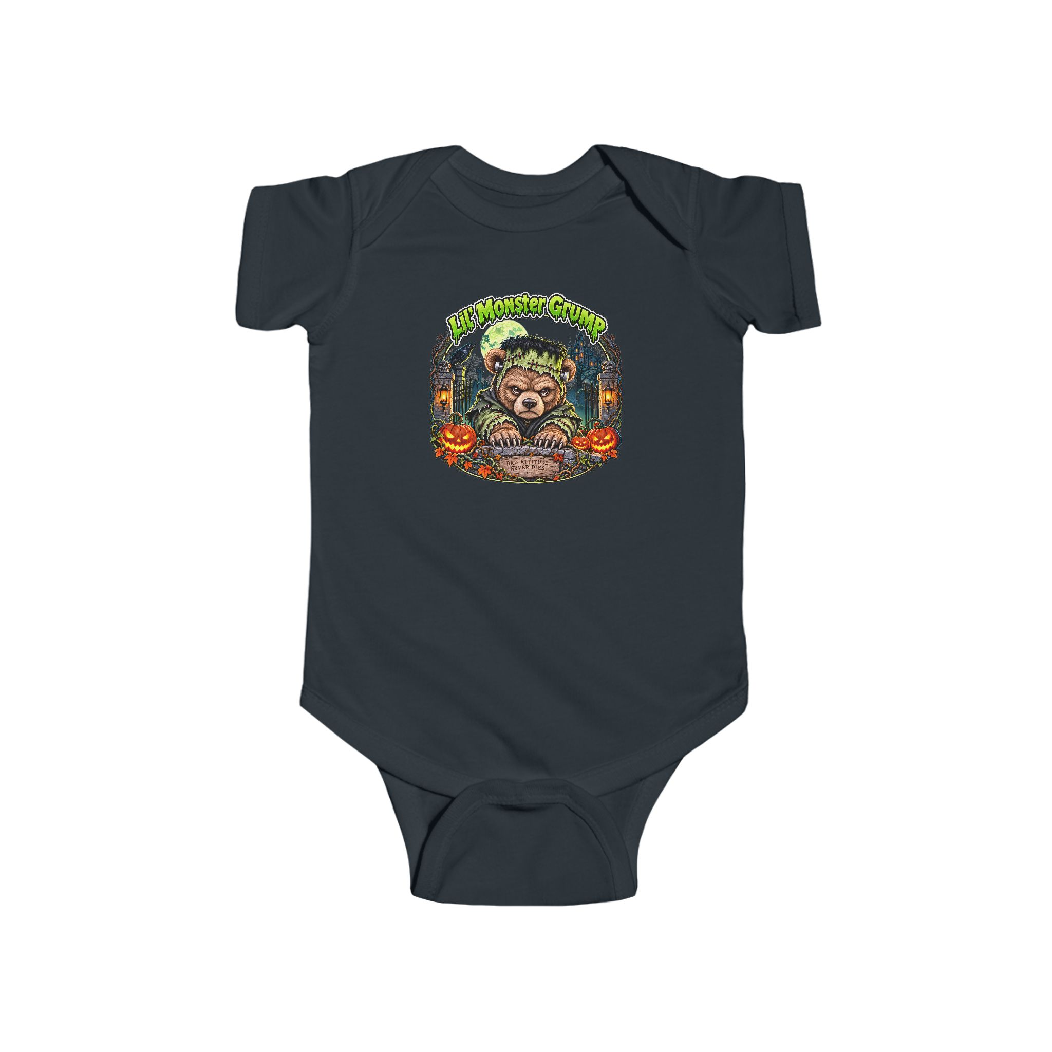 Lil' Monster Grump Bodysuit in Black, laid flat