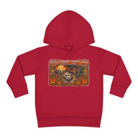 Lil’ Hallows Grump Hoodie in Vintage Red, laid flat