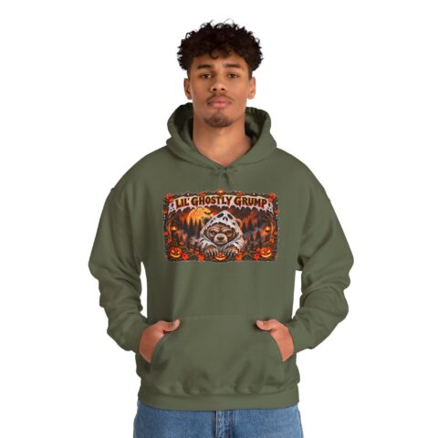 Lil’ Ghostly Grump Hoodie in Military Green, worn, front view