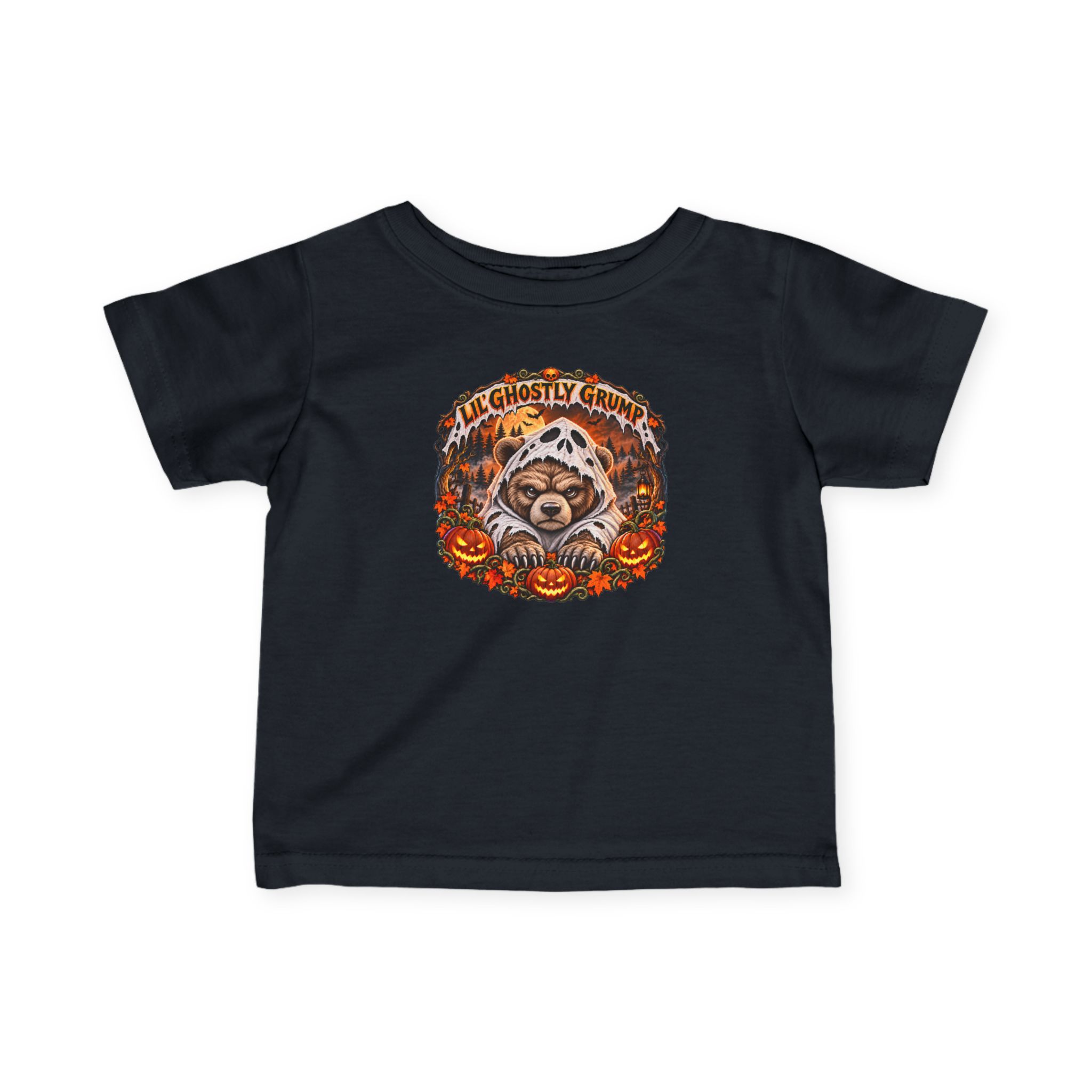 Lil’ Ghostly Grump Tee in Black, laid flat