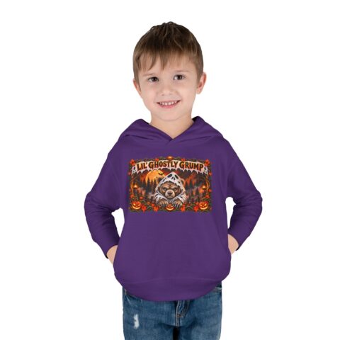 Lil’ Ghostly Grump Hoodie in Purple, worn, front view