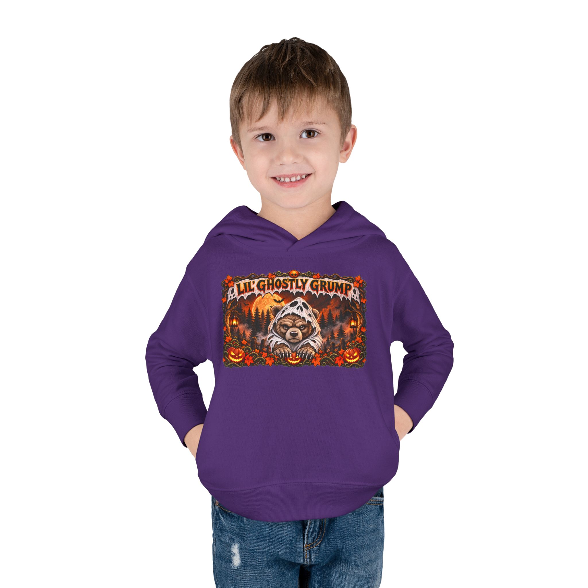 Lil’ Ghostly Grump Hoodie in Purple, worn, front view