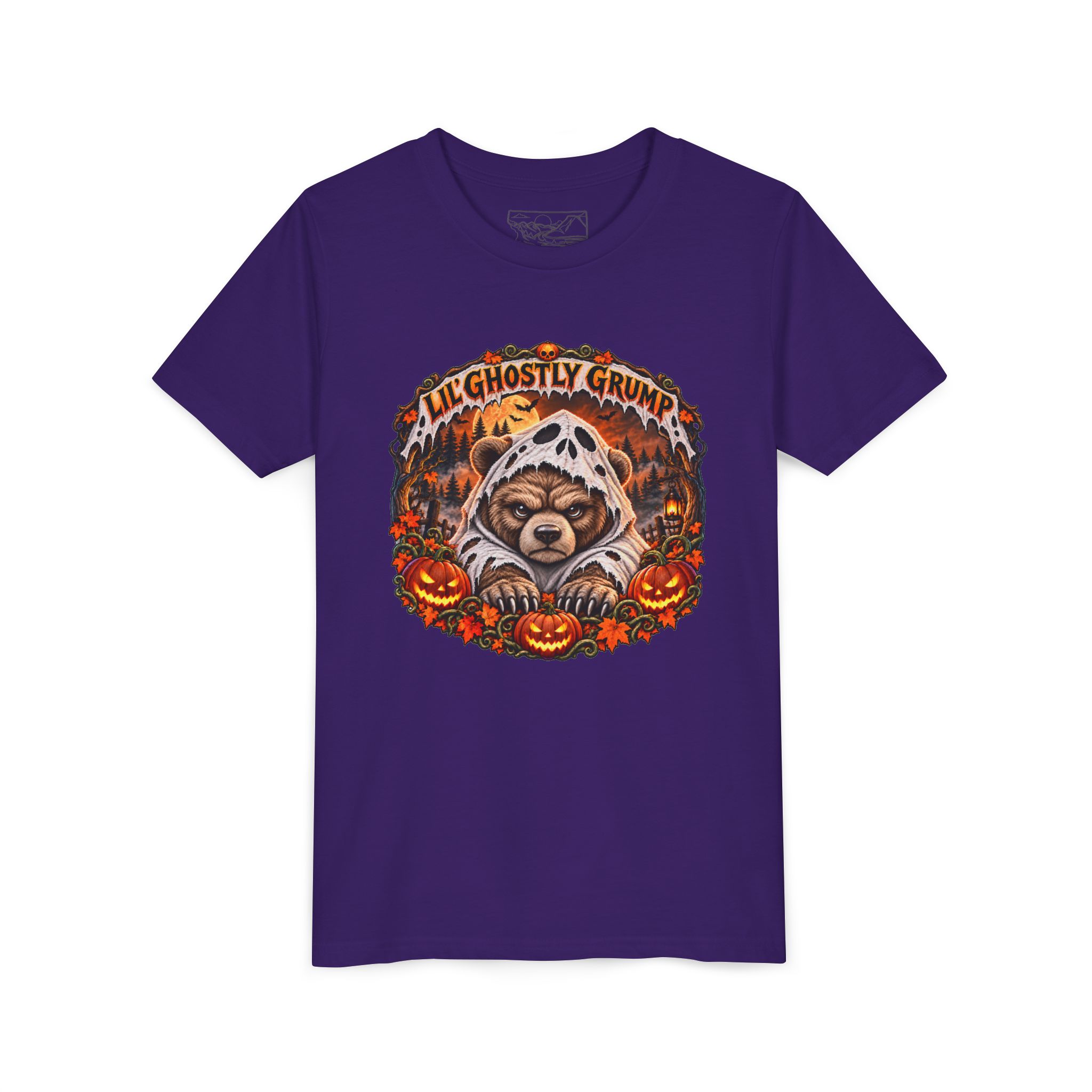 Lil’ Ghostly Grump Tee in Team Purple, laid flat