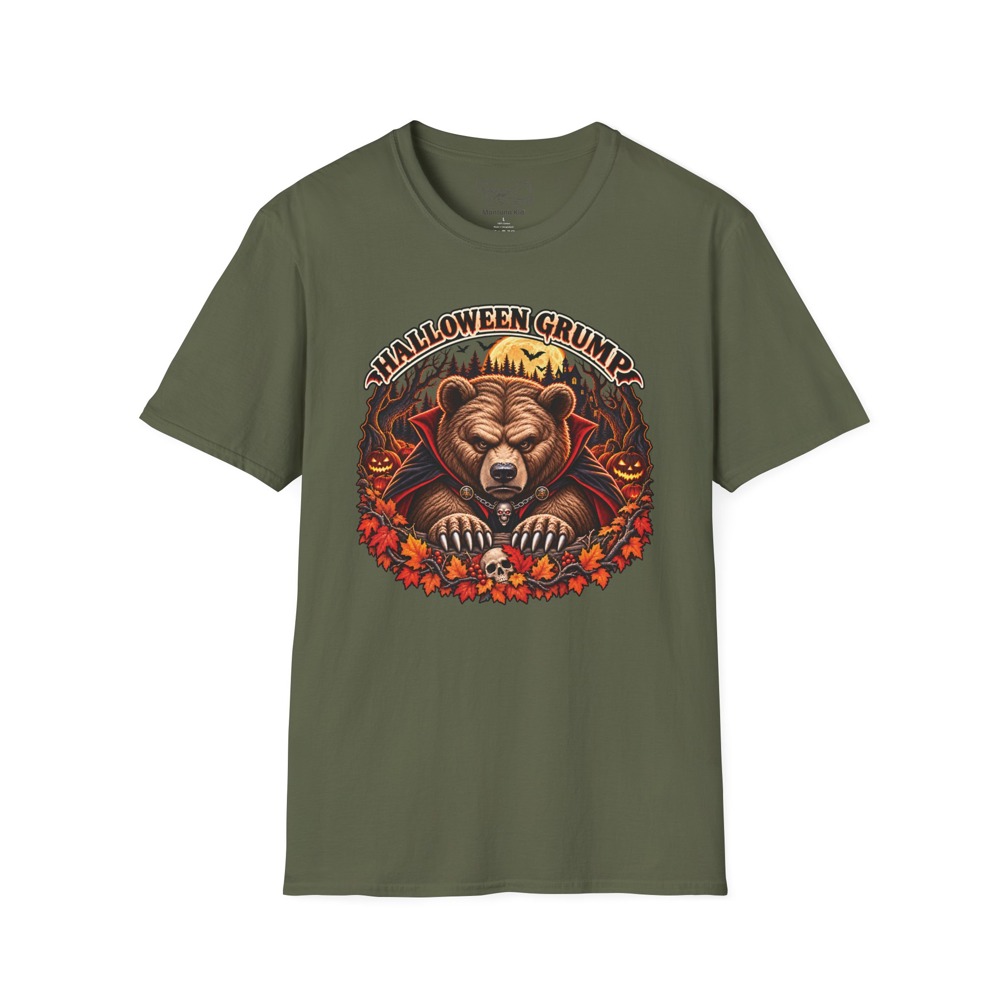 Halloween Grump Tee in Military Green, laid flat