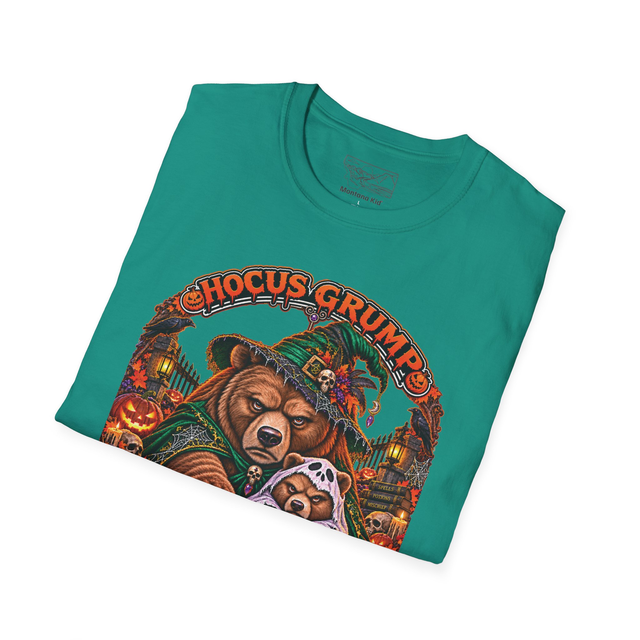 Hocus Grump Tee in Jade Dome, folded close-up